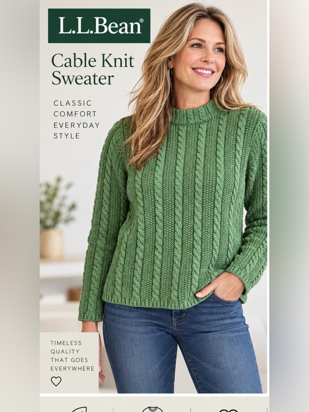L.L.BEAN WOMENS LARGE GREEN 100% COTTON CABLE KNIT SWEATER